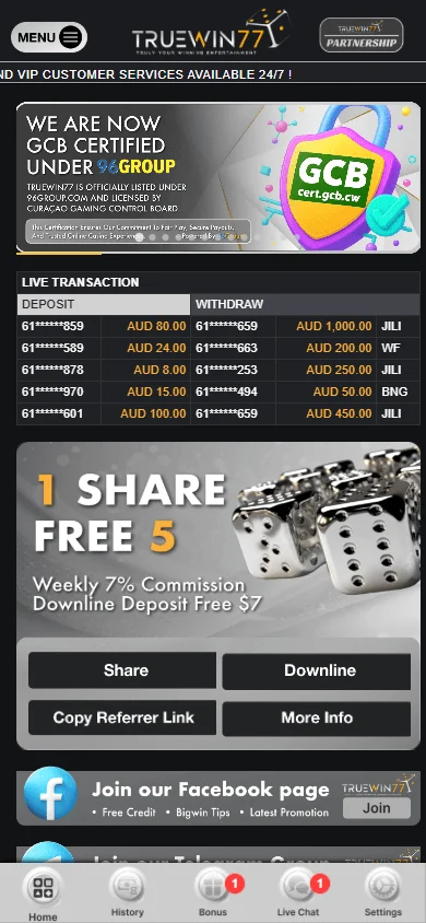 Truewin77 Casino mobile browser home screen on a phone
