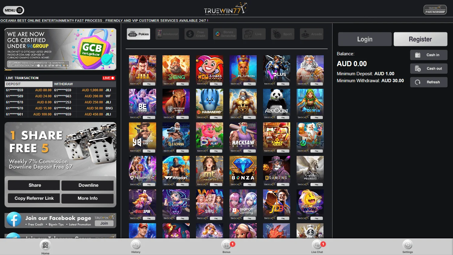 Truewin77 Casino desktop home screen with the main offer and casino access