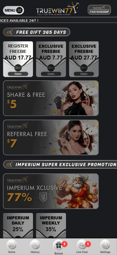 Truewin77 Casino mobile promotions area with offers and tournaments