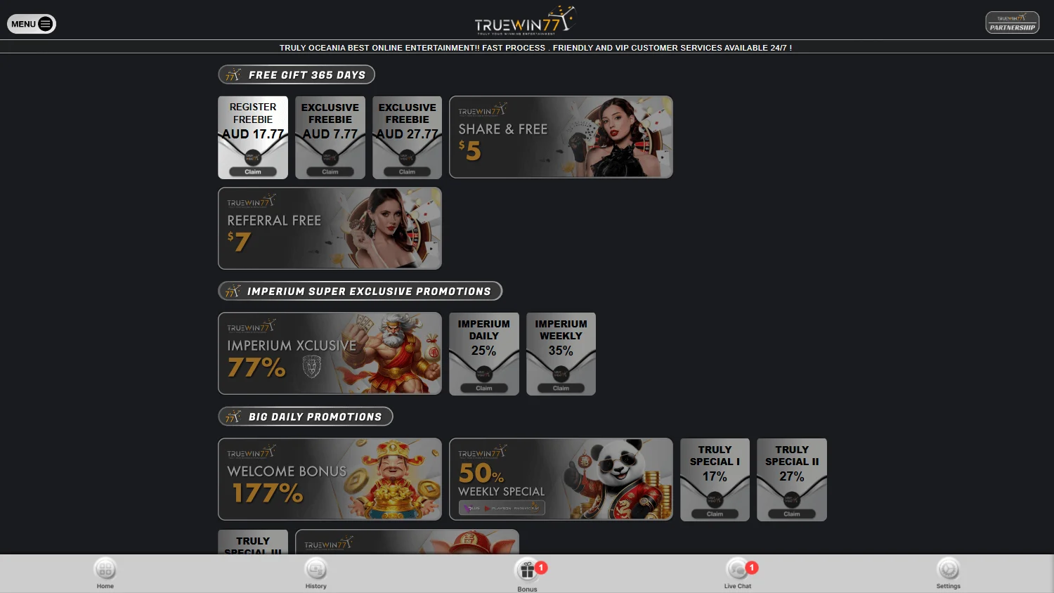Truewin77 Casino desktop promotions area with bonuses and tournament features